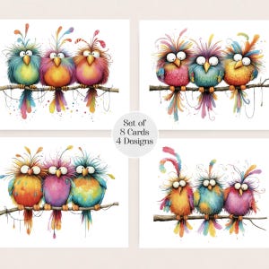 May include: A set of 8 cards featuring 4 designs of three colorful, fluffy birds with large eyes perched on a branch. The birds have vibrant feathers in shades of blue, pink, yellow, and orange. The text "Set of 8 Cards 4 Designs" is centered.