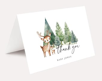 PRINTED Woodland Deer Set of 10 Thank You Cards, Pine Trees Baby Shower Thank you cards, Parent Deer and Baby Folded Note Cards, Small Cards