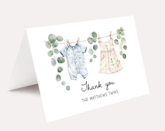 PRINTED Twins Baby Shower Set of 10 Thank you cards, Boy and Girl Twins, Boy Twins Baby Shower Folded Note Cards
