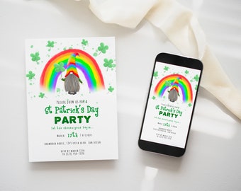 Bearbeitbare St. Patricks Day Gnome Party Einladung - sofortiger digitaler Download, Lucky Rainbow Gnome Design, auf CORJL . bearbeiten