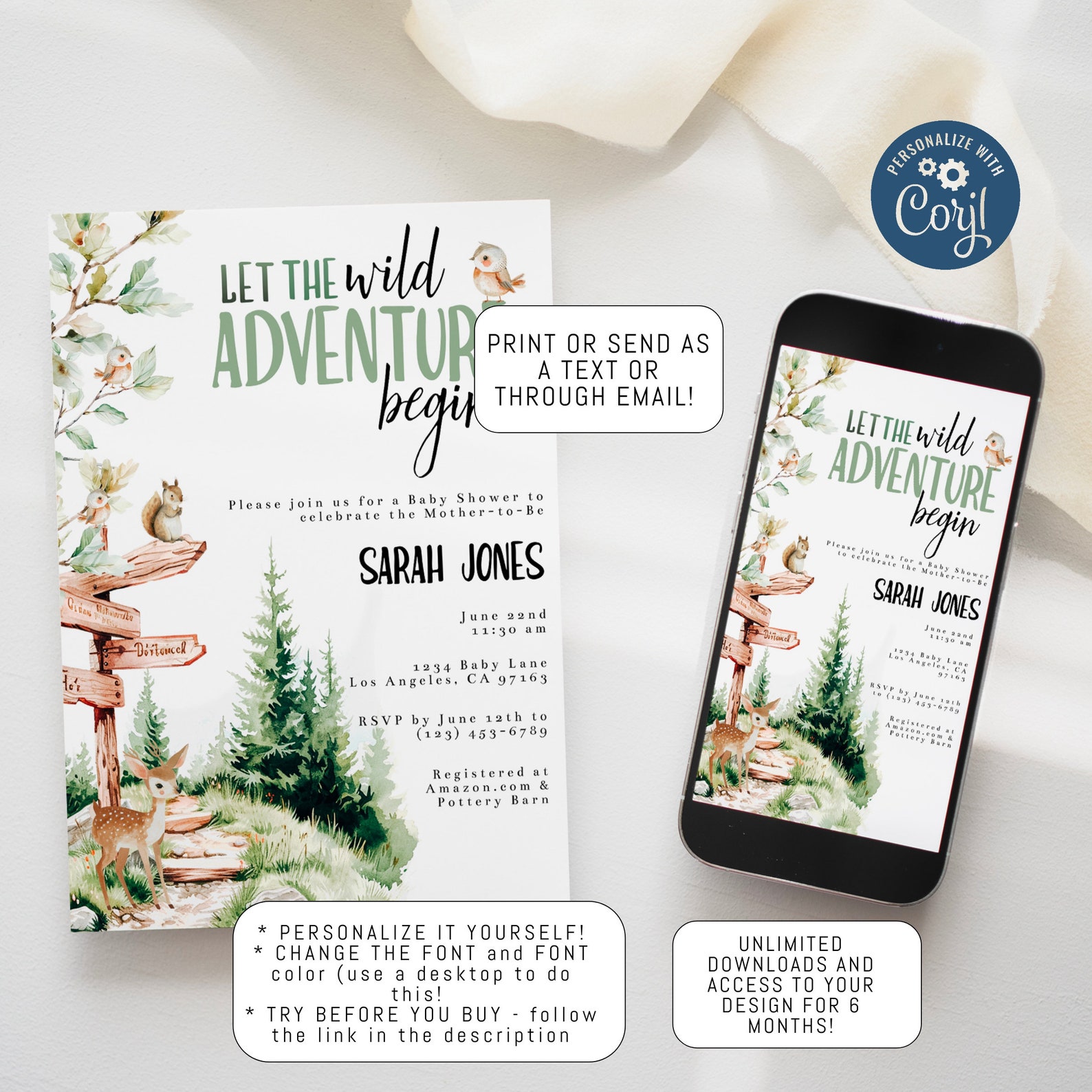 EDITABLE Let the Wild Adventure Begin Baby Shower Invitation, Hiking ...