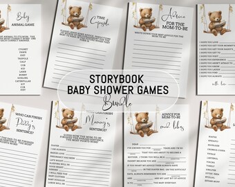 Editable Storybook 17 Baby Shower Games and Signs, Woodland Bear in Swing Reading Book Shower Games Edit on CORJL INSTANT DOWNLOAD S001