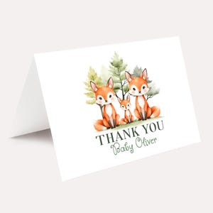 PRINTED Set of 10 Fox Baby Shower Thank you cards, Woodland Fox Family Themed Folded Note Cards, Fall woodland baby shower
