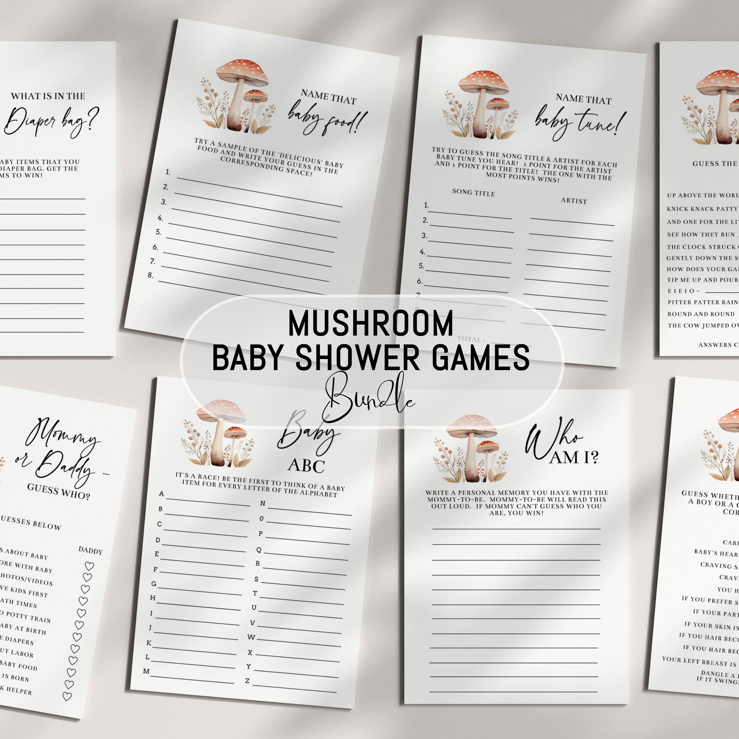 Mushroom themed 17 Baby Shower Games and Signs, Little fungi Themed Shower Games, Red-cap mushroom Edit on CORJL INSTANT DOWNLOAD 913