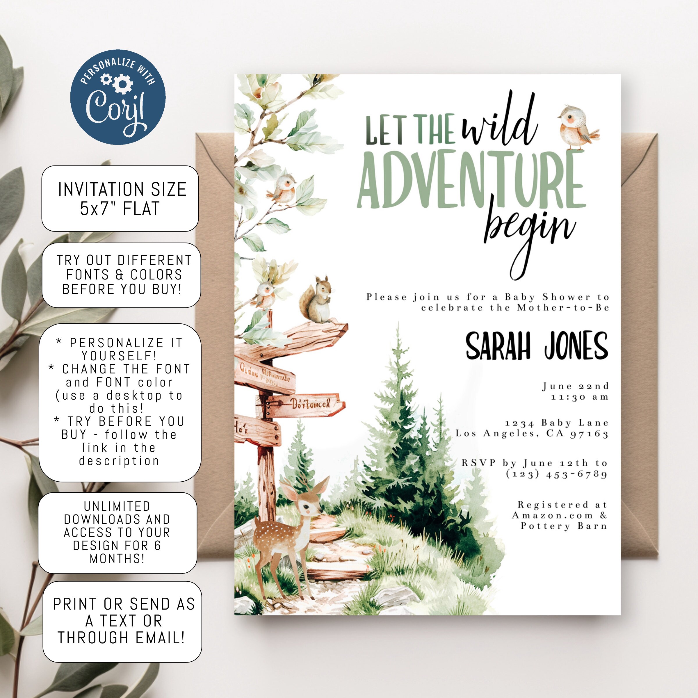 EDITABLE Let the Wild Adventure Begin Baby Shower Invitation, Hiking ...