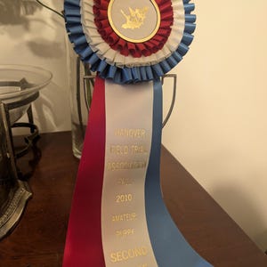 May include: A blue, white, and red ribbon with gold lettering. The ribbon reads "Hanover Field Trial Association Fall 2010 Amateur Puppy Second Place".