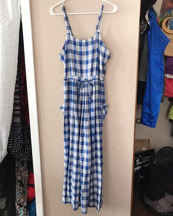 70s blue plaid apron dress / m / picnic dress / vi