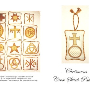 May include: A collection of 12 cross stitch patterns featuring Christian symbols, including a cross, a star, a fish, and a trinity knot. The patterns are printed on a white background with a gold border. The text "Chrismons Cross Stitch Patterns" is printed below the patterns.
