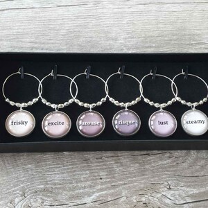 Racy 2 Wine Charms, Silver and glass, Set of six, Premium gift box with black velvet lining, Hostess gift, Birthday gift, New Years Eve