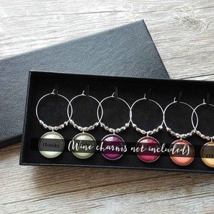 Op de afbeelding: Een set van zes wijnglasbedels in een zwarte geschenkdoos. Elke bedel heeft een zilveren ring met een decoratieve kraal en een ronde hanger. De hangers hebben verschillende kleuren en de woorden "thanks", "Wine charms not included" en "grazie".