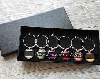 BUNDLE OF 6 Wine Charm Presentation Gift Boxes, Black with black velvet lining, Each holds six charms, Great for DIY and gift giving
