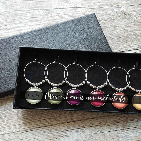 Wine Charm Gift Box Display, Elegant black exterior with black velvet lining, Holds six charms, Great for DIY and gift giving