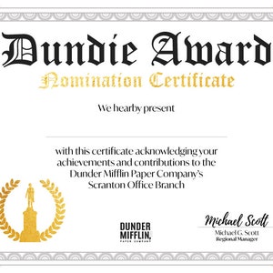 The Office - Dundie Award Nomination Certificate - Instant Download ...