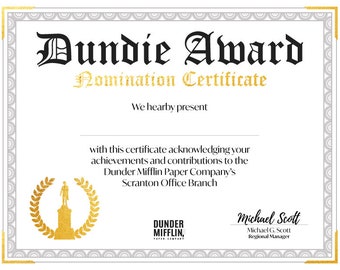 The Office - Dundie Award Nomination Certificate ( Personalized ) in ...
