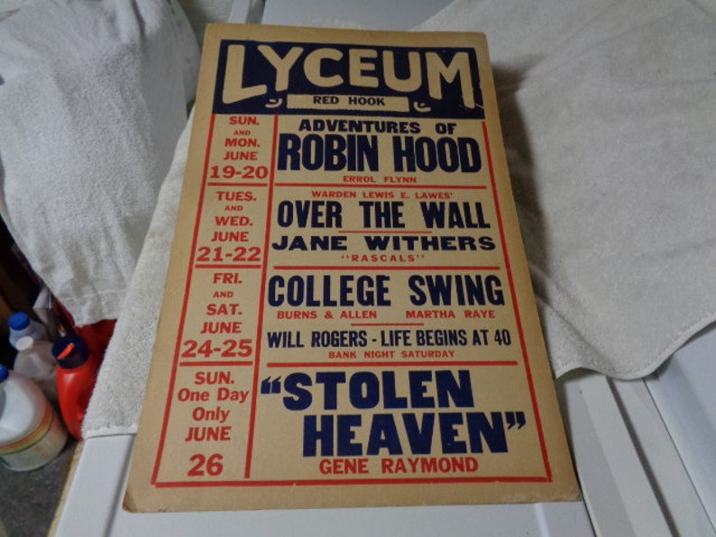 Antique Lyceum Theatre Movie Poster Red Hook NY 1938 Errol Etsy