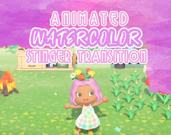 May include: An animated watercolor stinger transition graphic with a cartoon character in a colorful dress. The background features a campsite with a campfire, a lantern, and a table. The sky is a vibrant pink.