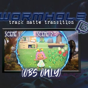 May include: A digital graphic with the word "WORMHOLE" in blue, featuring a track matte transition for OBS. The image shows two scenes with cartoon characters and text "SCENE 1" and "SCENE 2". A Twitch logo is in the upper right corner.