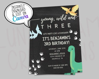 May include: Black chalkboard-style birthday invitation with dinosaur illustrations. The invitation reads "young, wild and THREE" and announces Benjamin's 3rd birthday. Includes event details and RSVP information. The Canva logo is also present.