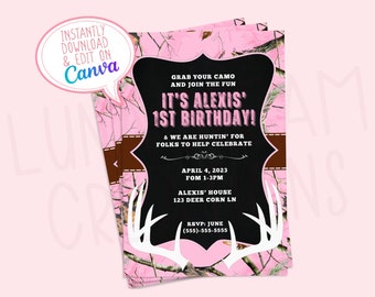 May include: Pink camouflage-patterned birthday invitations with black text and white antler graphics. The invitations read "It's Alexis' 1st Birthday!" and include event details. The Canva logo is visible.