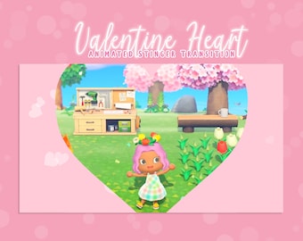 Puede incluir: Un fondo rosa con un recorte en forma de corazón que revela una escena de dibujos animados. La escena presenta un personaje con un vestido, un banco de trabajo con herramientas y un banco. El texto en la parte superior dice "Valentine Heart Animated Stinger Transition."