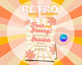 Invito di compleanno retrò hippie / Modello modificabile Canva (download digitale)