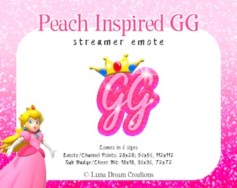 Puede incluir: Un emote de streamer rosa con las letras "GG" en una fuente brillante, coronado con una corona dorada. El diseño está inspirado en la Princesa Peach. La imagen incluye el texto "Peach Inspired GG streamer emote" y detalles de tamaño.