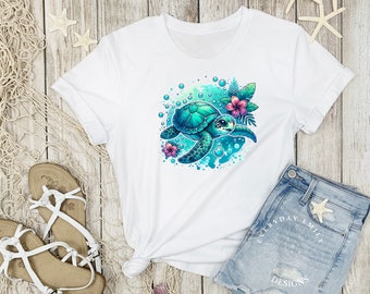 Teal Sea Turtle PNG | Floral Beach Vibes Sublimation Design (Digital Download)