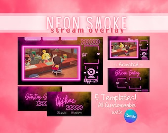 May include: A pink and black digital stream overlay template set. The design includes animated elements, chat boxes, and webcam frames. Text includes "NEON SMOKE stream overlay", "Starting Soon", "Offline", and "5 Templates! All Customizable with Canva".