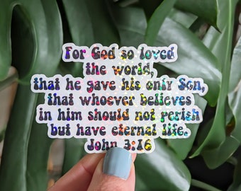 Holographic John 3:16, For God So Loved the World, Bible Verse Sticker, Christian Faith Sticker, Groovy Retro