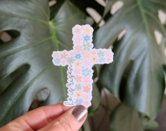 Christian Faith Sticker, He is Risen Floral Cross Sticker, Pastel Flowers