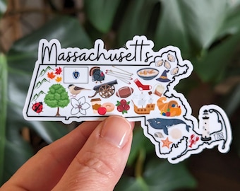 Massachusetts Sticker, The Bay State, MA Landmark Icons, State Pride Travel Souvenir