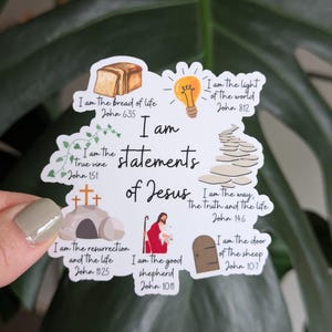 May include: A white sticker with illustrations and text. The sticker includes images of bread, a lightbulb, a path, a tomb, a shepherd, and a door. Text reads "I am the bread of life," "I am the light of the world," and "I am the statements of Jesus."