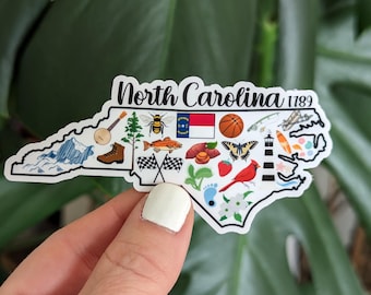 North Carolina Sticker, The Tarheel State, NC Landmark Icons, State Pride Travel Souvenir
