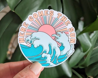Beach Sticker, Here Comes the Sun, Vintage Summer Waves
