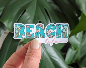 Beach Life Sticker, Vintage Beach Summer, Hibiscus Flowers, Palms