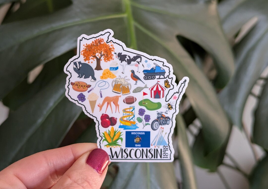 Wisconsin Map Sticker Wisconsin Sticker, Badger State, WI Landmark Icons, State Pride Travel ...