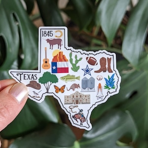 Puede incluir: Una pegatina blanca con forma del estado de Texas con varios iconos que representan la cultura tejana, incluyendo una bota de vaquero, un toro longhorn, una flor de bluebonnet, una guitarra, una estrella, un cactus, un pez, una mariposa, un armadillo, un edificio, una lanzadera espacial y las palabras "Texas" y "1845".