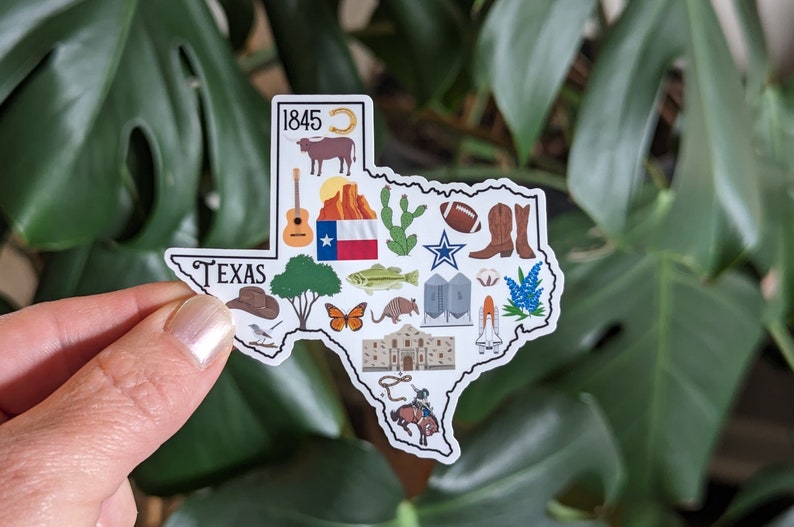 Puede incluir: Una pegatina blanca con forma del estado de Texas con varios iconos que representan la cultura tejana, incluyendo una bota de vaquero, un toro longhorn, una flor de bluebonnet, una guitarra, una estrella, un cactus, un pez, una mariposa, un armadillo, un edificio, una lanzadera espacial y las palabras "Texas" y "1845".