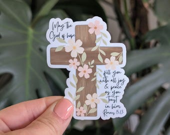 Bible Verse Cross Sticker, Romans 15:13 God of Hope, Christian Faith