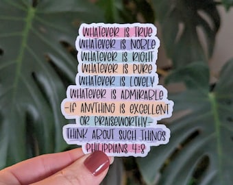 Bible Verse Sticker, Philippians 4:8, Christian Faith, pastel colors