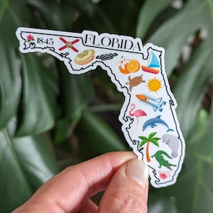 May include: A white sticker shaped like the state of Florida with the word "FLORIDA" and the year "1845" printed on it. The sticker is decorated with various icons representing Florida, including a key lime pie, an orange, a sea turtle, a flamingo, a dolphin, a palm tree, a manatee, and an alligator.