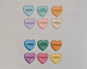 Conversation Hearts Bible Verse Stickers, Mini 1 inch, Set of 6, Christian Faith