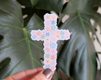 Cross Sticker, Christian Faith, Floral Pastel Flowers
