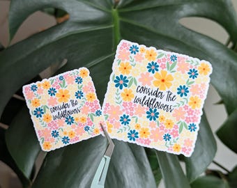 Consider How the Wildflowers Grow, Luke 12:27 Bible Verse Sticker, Floral Christian Faith Sticker