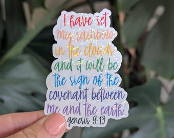 Holographic Bible Verse Sticker, Genesis 9:13 Rainbow and Clouds, God's Promise, Christian Faith