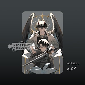 May include: PVC postcard with an anime-style illustration of two figures, one with angel wings and a sword. The top figure wears a white coat, the bottom figure holds the sword. The postcard has a grey background with gold accents and the text "HIDEAWAY * MELON *" and "PVC Postcard".