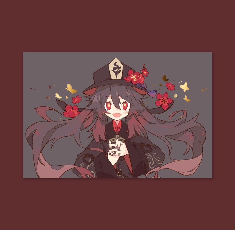 May include: A digital illustration of a young woman with long black hair wearing a black and red outfit with a black hat. She has red flowers in her hair and is smiling. The background is a light gray with a few butterflies.