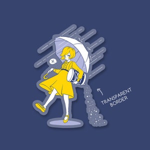 May include: A girl in a yellow dress walks with an umbrella and a salt shaker, sprinkling salt as she goes. The image has a transparent border.