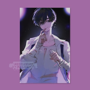 May include: An anime-style digital illustration of a person with dark hair, wearing a white open jacket over a light shirt, holding a microphone. The character has a finger near their mouth, set against a dark background with purple lighting.