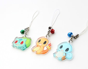Pokemon Kanto Starters - Bulbasaur, Charmander, Squirtle 1" Mini Acrylic Charm with Phone Strap (Double Sided Front & Back)